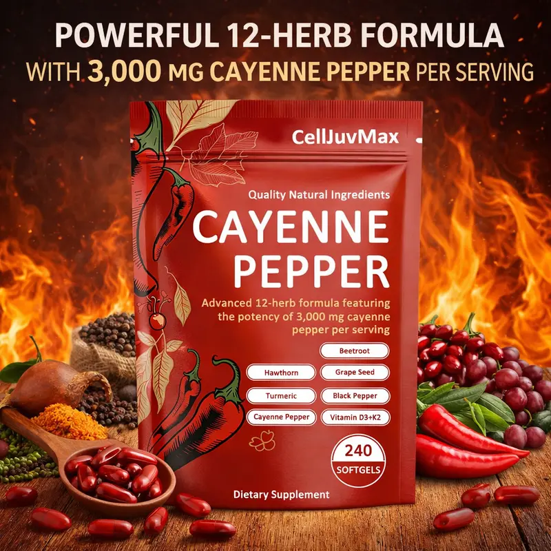 CellJuvMax Cayenne Pepper Supports Leg Vein, Heart and Blood Vessel Health Softgels 240 Capsules – 12-in-1 Advanced Botanical Formula with Turmeric, Grape Seed, Hawthorn, Vitamin D3 + K2 – Vegan, Non-GMO, Keto Friendly