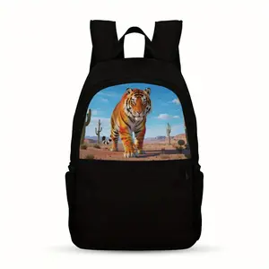 One Casual Backpack Featuring a Cactus And Tiger, Designed for Teenagers. It Is Lightweight with a Large Capacity, Adjustable Straps, Made from Black Nylon Fabric, And Has a Easy Cartoon Design. The Upper Part Is Printed, Making It Ideal for School