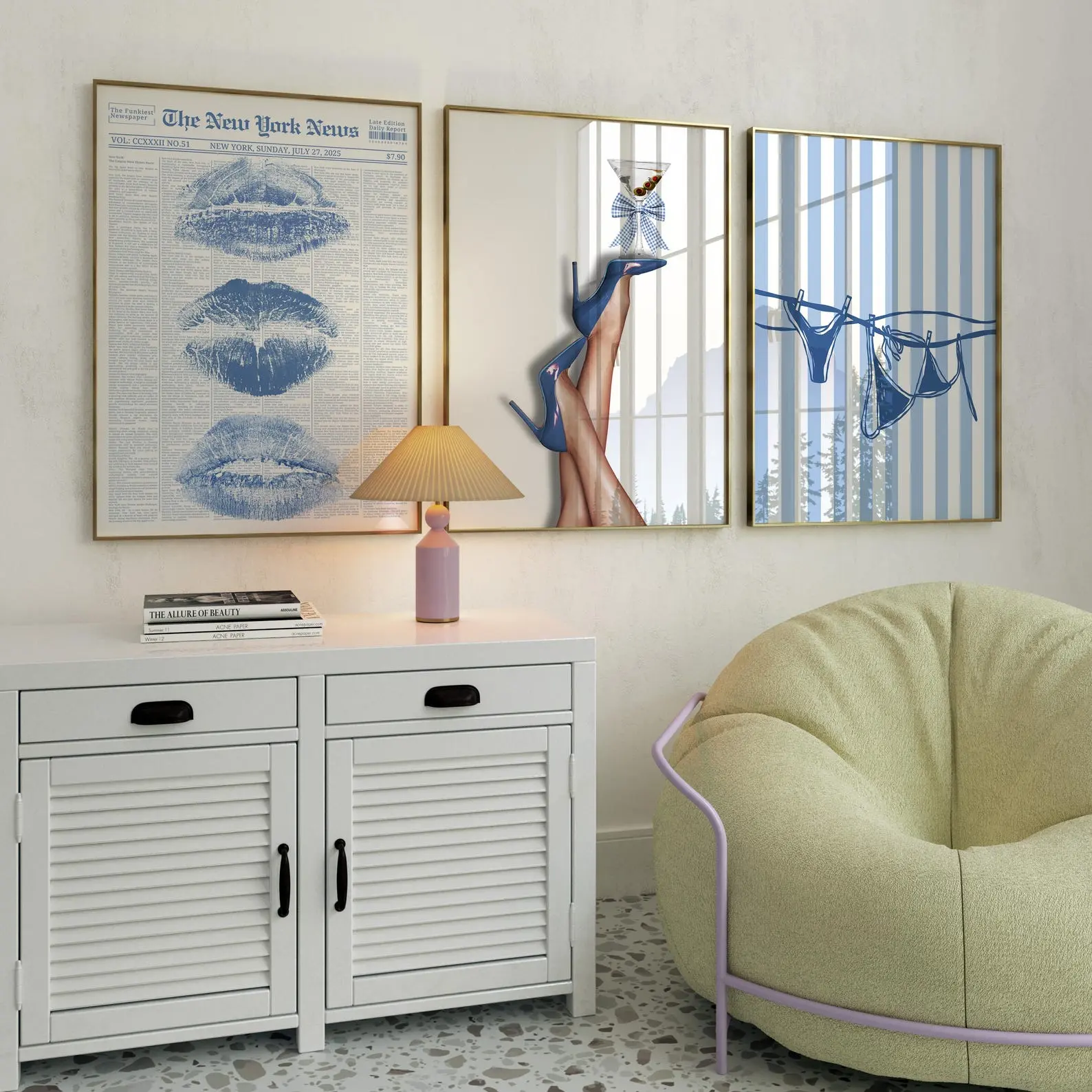Retro Coquette Wall Art Set of 3 – Blue Lips, Bikini & Bow Heels Prints – Y2K Girly Room Decor, Dorm Aesthetic Posters, Digital Download