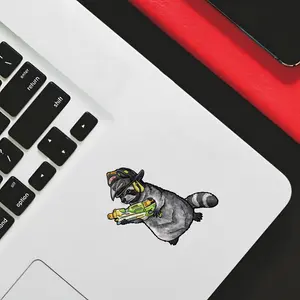 Funny Raccoon Firefighter Sticker, Cute Cartoon Raccoon Character with Toy Blaster, Playful Animal Art Vinyl Decal