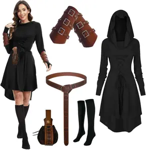 Renaissance Costume Women Hooded Robe Lace Up Dress Halloween Vintage Medieval Cloak