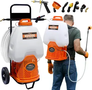 PetraTools HD5000 Powered Backpack Sprayer with Cart and 100 ft Commercial Hose, 6.5 Gallon, 80+ PSI Pump, 2 Hoses and 5 Nozzles Included