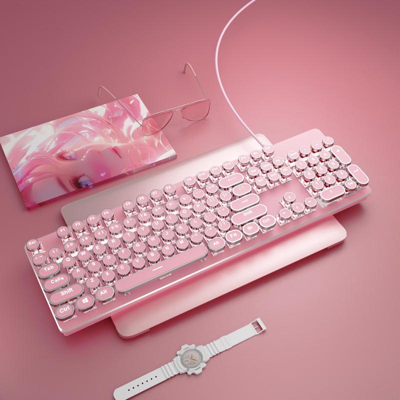 EWEADN Punk Typewriter Mechanical Gaming Keyboard, All-metallic Panel 104 Keys Full-size Numeric Keypad, White Backlit USB Wired Keyboard for Game and Office, Lighted Mechanical Keyboard