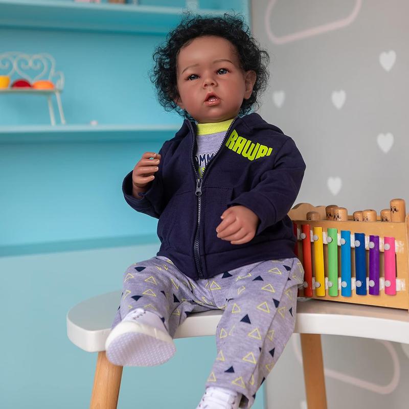 20inch Black Reborn Baby Dolls Boy Cloth body Realistic Newborn Baby Dolls Lifelike Vinyl Reborn Toddler Doll Toy Accessories Gift for Collection & Kids Age 3+