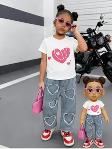 Girls' Heart Patchwork Jeans, Casual Fitted Long Jean Pants, Spring Summer New Arrival, Perfect for Outing, Great Gift Idea