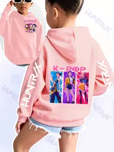 Girls Kpop Demon Hunters Hoodie, Cartoon Pattern, Fitted Casual Sportswear, Autumn Winter Elastic Fabric, Christmas Gift, Daily Wear,Demon Hunters Kpop Merch