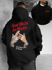 Men'sRegularFitLetter&HandsPrintDropShoulderHoodie,FashionCasualDrawstringPocketHoodedSweatshirtforDailyHolidayOutdoorWear,MenClothesforSpring&Fall