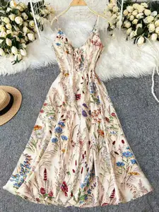 Women's Floral A-Line Skirt with Tie Bow Thin Straps, Elegant Design for Vacation and Daily Wear, All over Print Style