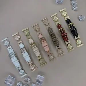 Floral Rhinestone Inlaid Crocodile Embossed Leather Watch Band Compatible with Apple Watch 38/40/41/42/45/46/49mm