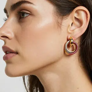 2026 TikTok Viral Twisted Triple Hoop Earrings for Women Gold Silver Red Mixed Metal Hypoallergenic Tarnish Resistant No Fade Fashion Statement Jewelry for Daily Wear Party Date Office Outfit Birthday Gift for Her Trendy Must Have