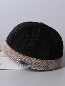 Unisex Vintage Corduroy Patchwork Roll-Top Sailor Hat, All-Season Casual Style, Embroidered Cloth Label, Streetwear Fashion Cap