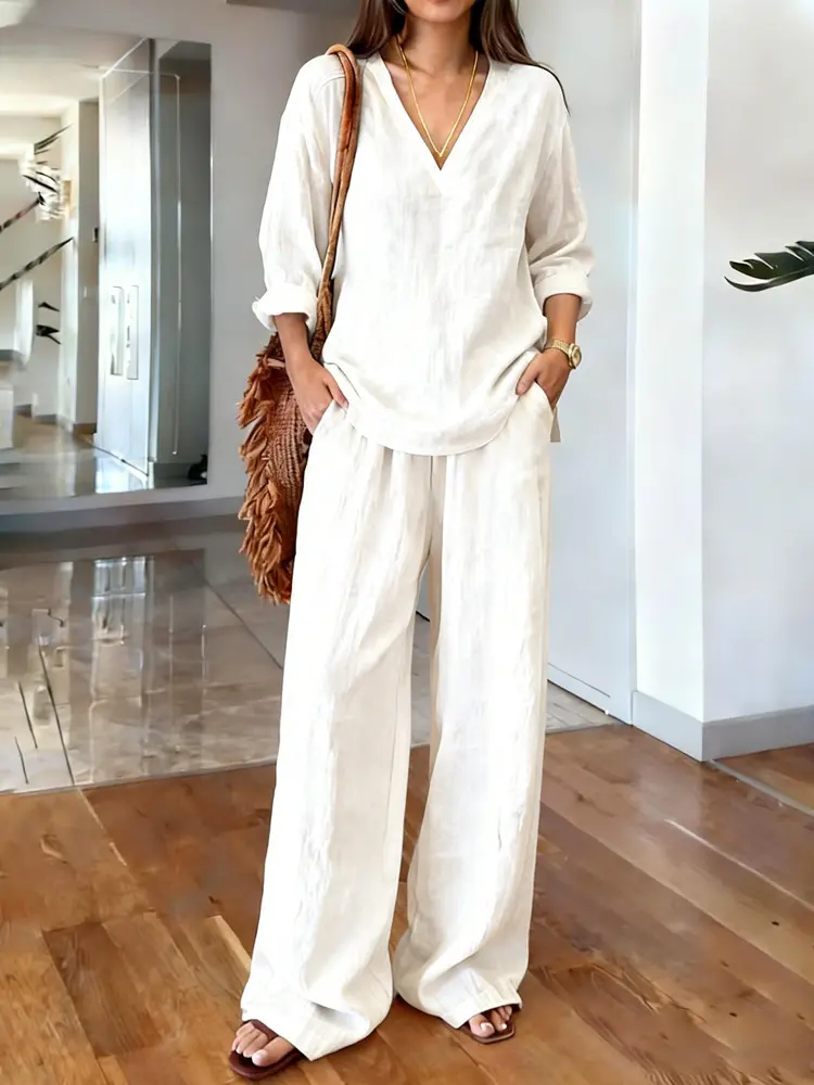 Women's Minimalist Summer 2-Piece Suits Set - Deep V-Neck Relaxed Drape Long-Sleeve Top with 3/4 Rolled Sleeves, Wide Straight-Leg Pants with Side Pockets, Solid Color for Vacations, Commuting