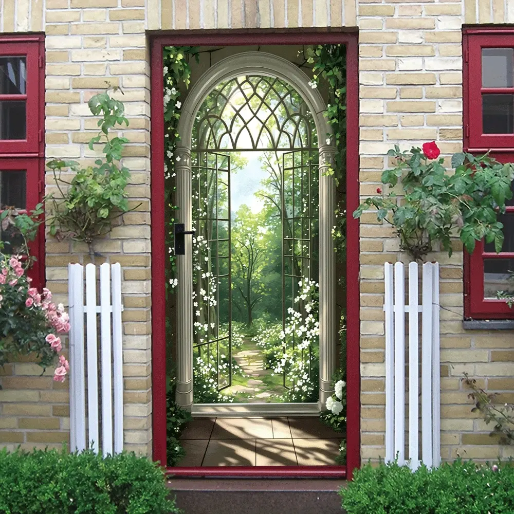 2pcs European Vintage Arched Window Wall Sticker Stereo Simulated Garden Landscape Decal Self Adhesive Removable Decorative Sticker for Living Room BedroomGlass DoorWall Mural