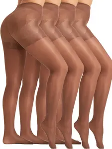 Women's 40D Nylon Spandex Control Pantyhose, Anti-Chafe Light Support High Waist Stockings, Coffee Color, 4 Pairs Pack