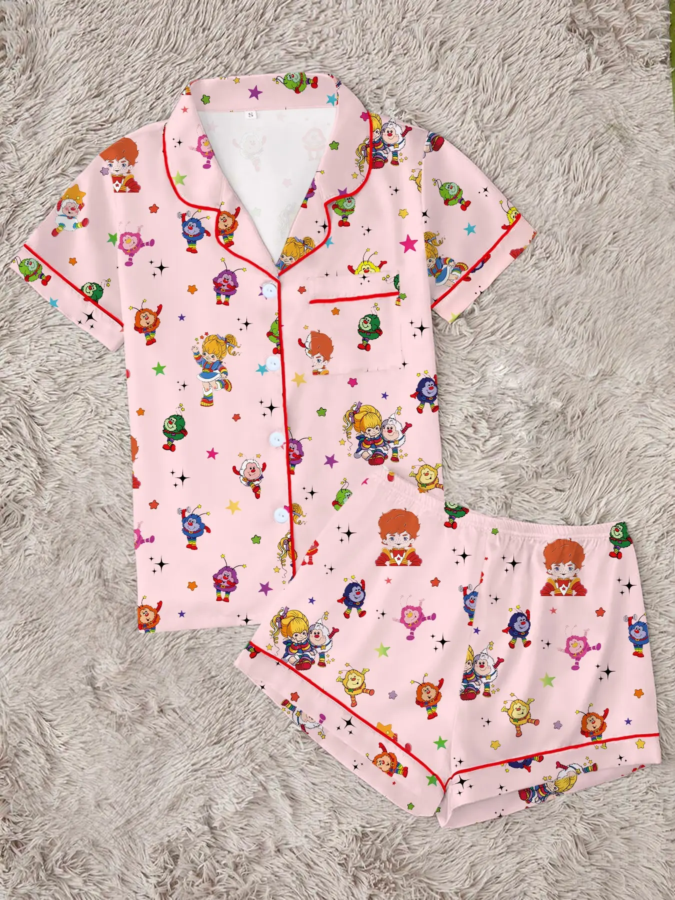 Women's Rainbow Girl Print Pajama Set, Comfortable Two-Piece Sleepwear, Short Sleeve Button-Up Top and Elastic Shorts, Casual Home Wear, Pjs