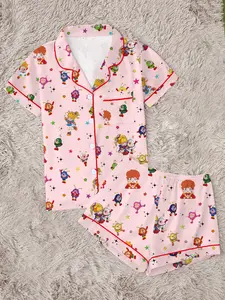 Women's Rainbow Girl Print Pajama Set, Comfortable Two-Piece Sleepwear, Short Sleeve Button-Up Top and Elastic Shorts, Casual Home Wear