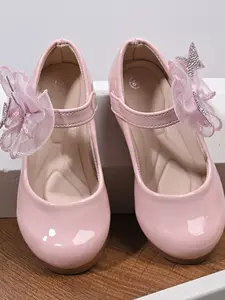 Women's Mesh Bow Rhinestone Decorative Shiny PU Non-Slip Velcro Low-Top Flat Princess Shoes, Cute and Comfortable, Round Toe Flats, Flat Bottom Shoes