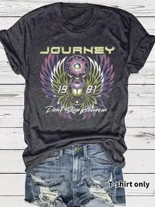 Women's Journey Don't Stop Believin' Print Round Neck Graphic Tee, Vintage Trendy Casual Short Sleeve T-shirt for Daily Wear, Ladies Summer Outfit Clothes Cotton Womenswear Breathable