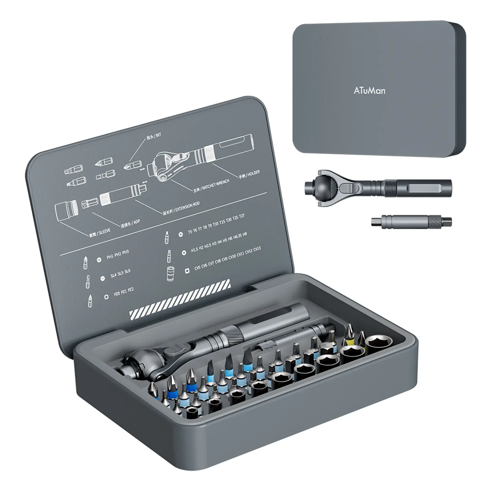 ATUMAN 40-in-1 ​Big Tool Set​ Pro Ratchet with Extendable Rod, S2+CRV Steel ​Industrial​ Kit for ​Mechanics​/Electronics/Plumbing - Heavy-Duty Professional Solution​