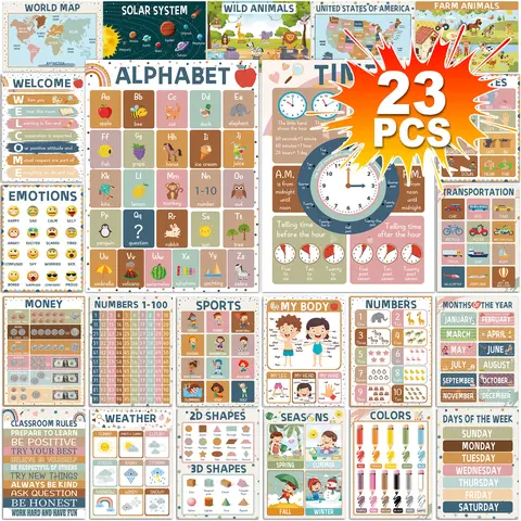 GISGFIM 23 PCS Boho Alphabet Wall Chart Set - 43cm x 30.5cm Sun-Themed Educational Posters, ASL Poster, Classroom Bookmark, Magnifying Glass, Weather/2D-3D Shapes Learning Materials for Home Classroom Decorations (Back to School Essentials)