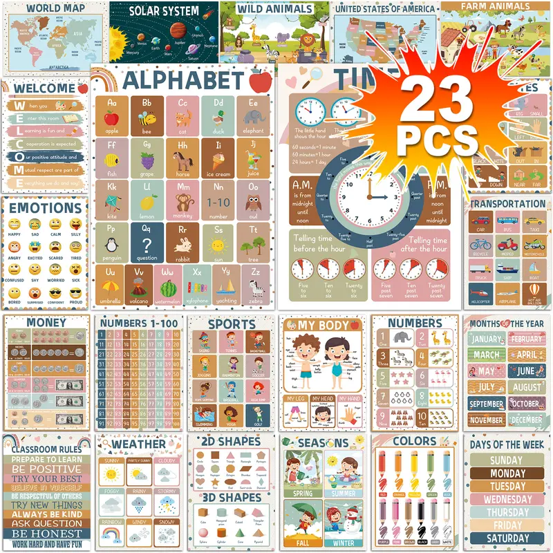 23 PCS Boho Posters Alphabet Educational Poster Homeschool Supplies Classroom Learning Poster for Teacher Boho Decoration Language ASL Poster Classroom Bookmark