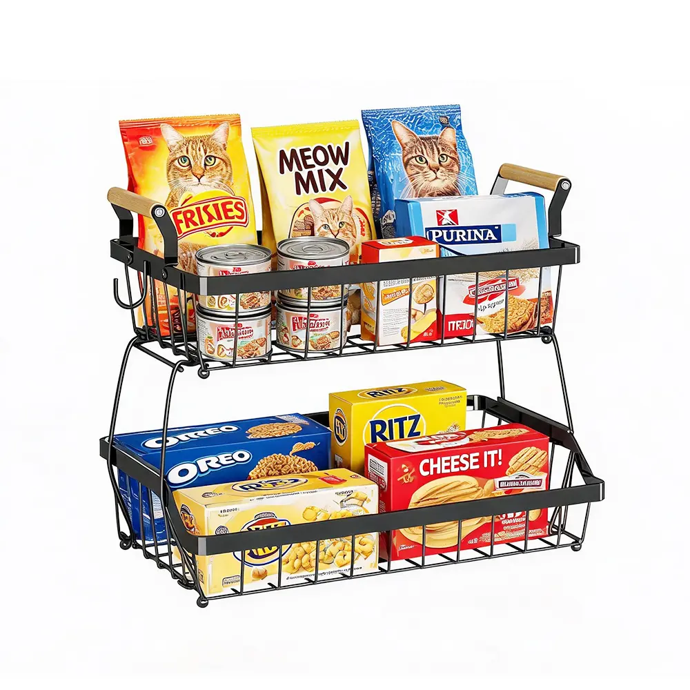 Versatile 2-Tier Wire Basket Organizer, Detachable & Portable Countertop Storage with Hooks, Space-Saving Display for Fruit, Veggies, Coffee Station, or Bathroom Essentials