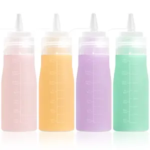 Mrsdry Condiment Squeeze Bottles, 16 oz Silicone Squeeze Bottles For Sauces, Leak Proof Condiment Containers with Extra Interchangeable lid, Easy Squeeze for Oil, Honey & Dressings, BPA FREE (4 Pack)