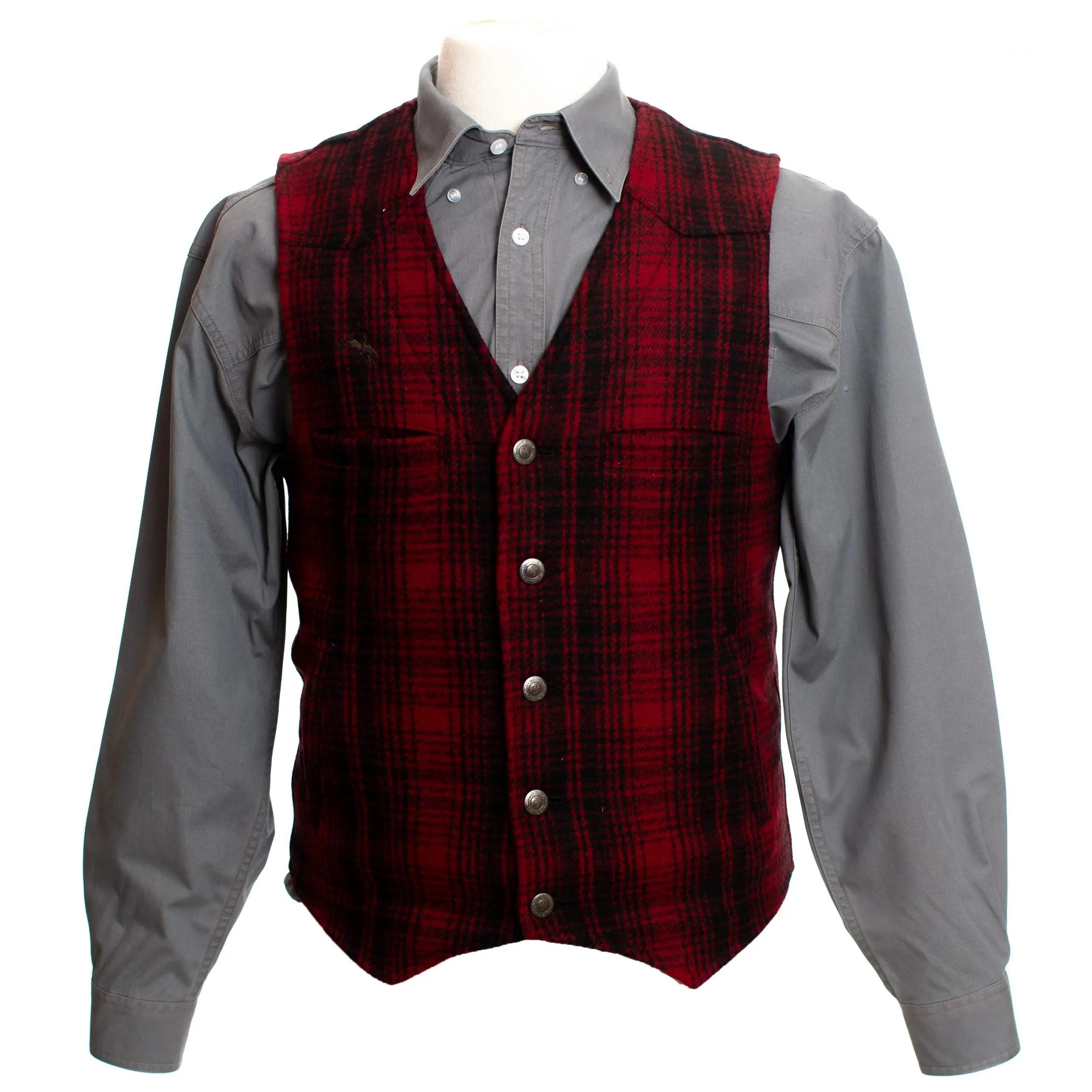 Men's Australian Wool Waistcoat, Western Cut Red Plaid Design, Water Resistant with Button Front and 2 Welt Chest Pockets, 5 Wyoming Traders Buttons, Welt Pockets, Reinforced Stitching, Sleeveless, Checkered Western Waistcoats & Gilets, Statement Button W