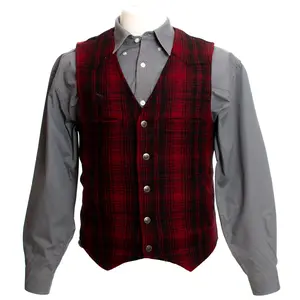 Men's Wyoming Red-Checked Wool Waistcoat - French Polyester-Cotton-Satin Blend, Australian-Sourced Materials, Pockets, Menswear Clothes Tops