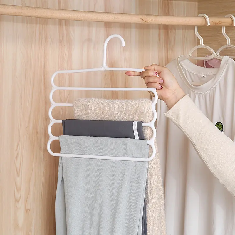 5 Layer Pants Hanger Space Saving Closet Organizer with 50mm Wide Spacing, Anti-Slip Multifunctional Closet Hanger for Jeans, Leggings, Scarves, Towels & Trousers, Heavy Duty Metal Clothes Organizer