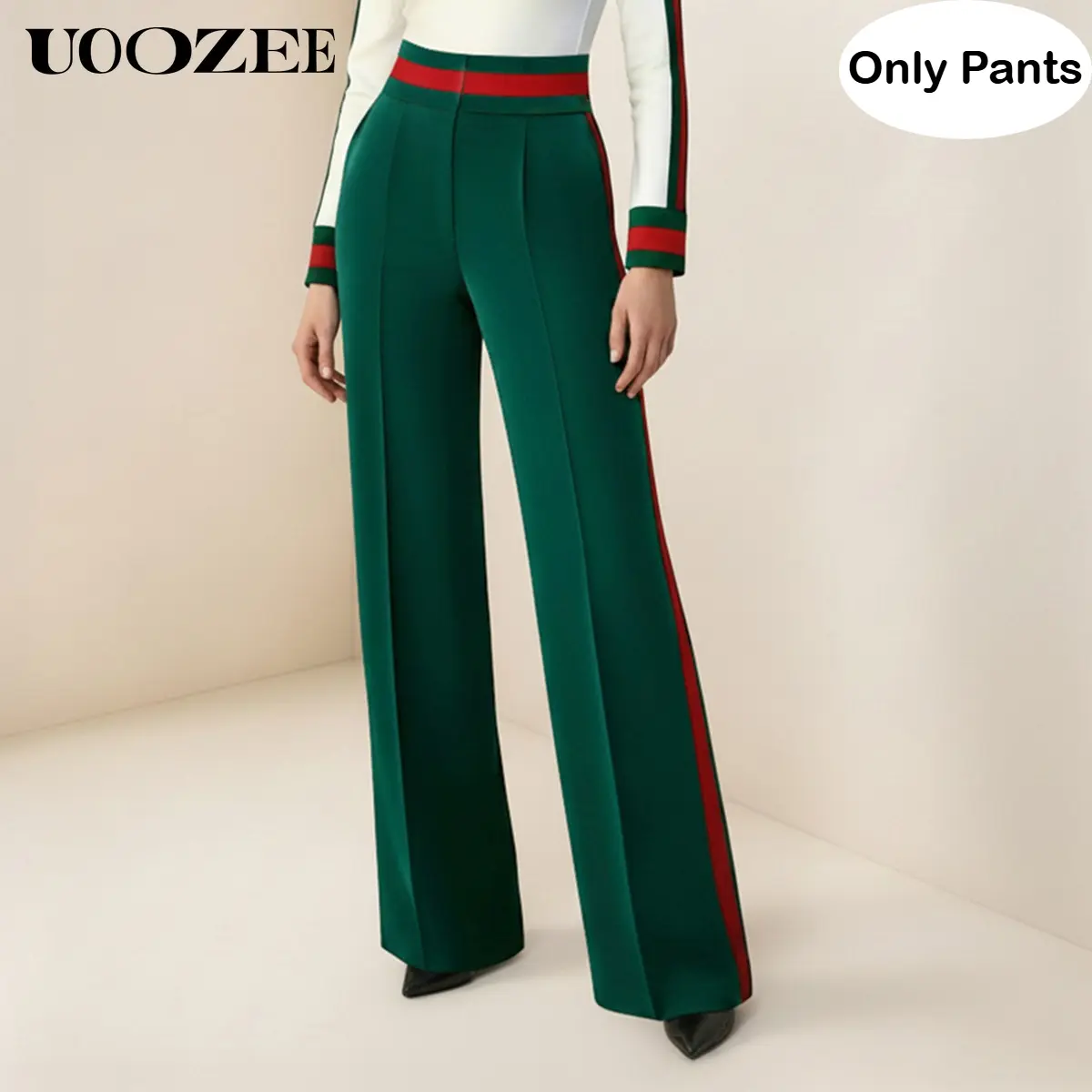 UOOZEE Women's High-Waist Contrast Color Striped Lightweight Pleated Flared Wide-Leg Pants - Emerald Polyester-Spandex, Pockets, Lady's Formal-Basic Style, Pair with Turtleneck/Strappy Cropped Camisole (Sizing Runs Large; Check Size Guide-Order Smaller)