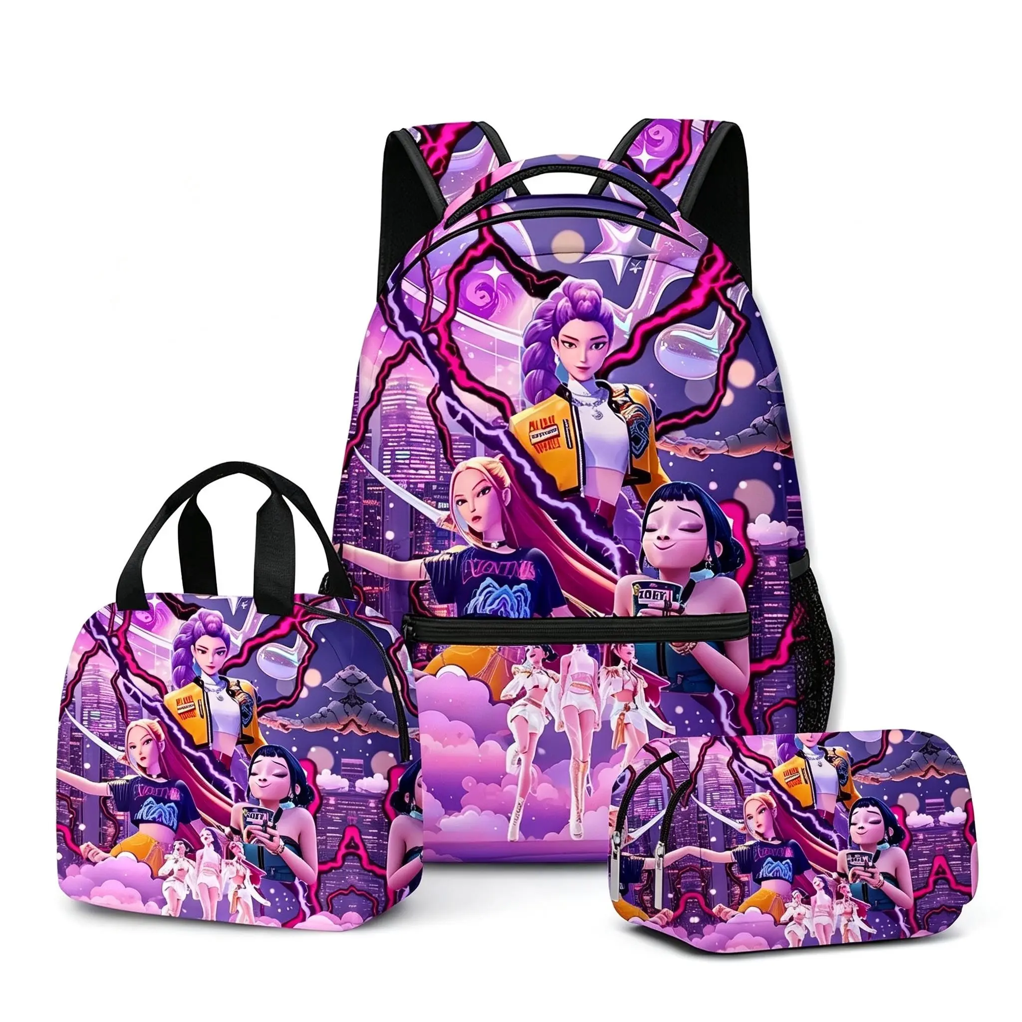 Girls' 3-Piece KPOP Backpack Set - Pink Star Cartoon Print School Bag with Lunch Box, Pencil Case (Gym & Outdoor Shoulder Bag)