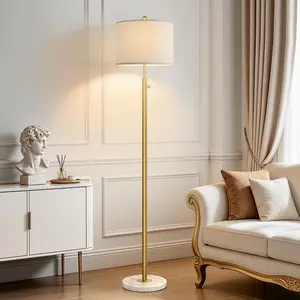 [Upgraded]Dimmable Gold Floor Lamps for Living Room, 11W LED Bulb Included, Modern Standing Lamp with Marble Base, Tall Pole Light with White Linen Shade for Bedroom Reading Office Corner Nursery