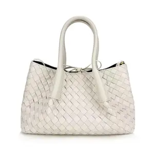 Claire Genuine Woven Leather Tote Cream Handcrafted from 100% Cowhide with Sturdy Handles & Detachable Strap for Versatile Use