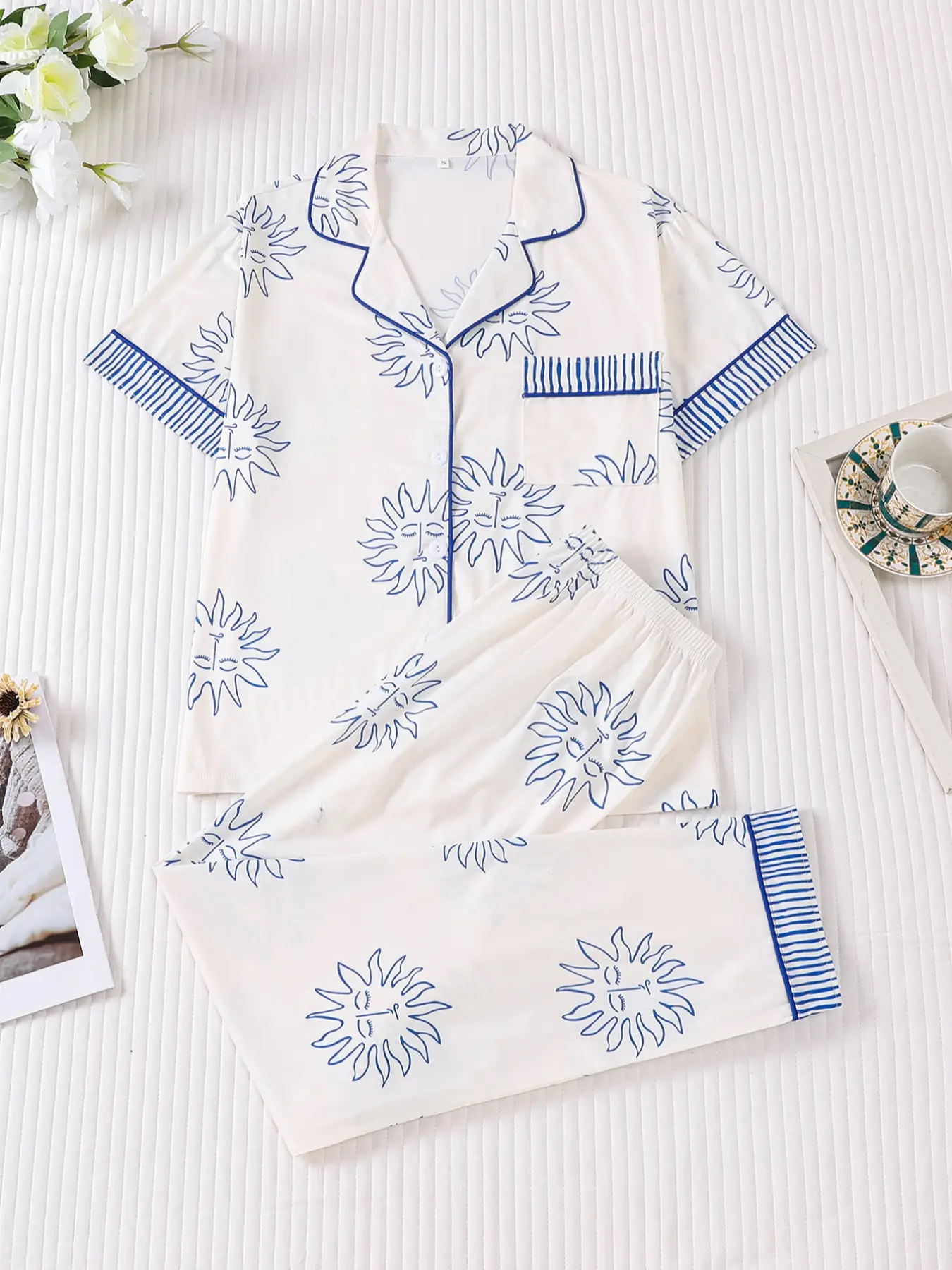 2 pieces of women's blue sun totem printed Knitted short sleeved pants sleepwear Pajamas set with pockets and elastic waistband, suitable for all seasons, fashionable, comfortable, elegant and casual home wear Loungewear