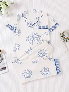 2 pieces of women's blue sun totem printed short sleeved pants sleepwear Pajamas set with pockets and elastic waistband, suitable for all seasons, fashionable, comfortable, elegant and casual home wear