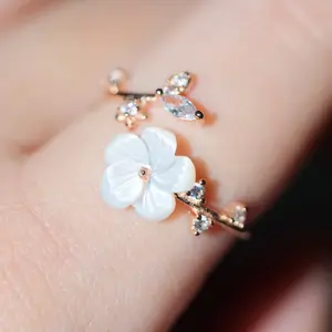 Flower Adjustable Ring 925 Sterling Silver 18K Rose Gold Plated Shell & Zircon Ring