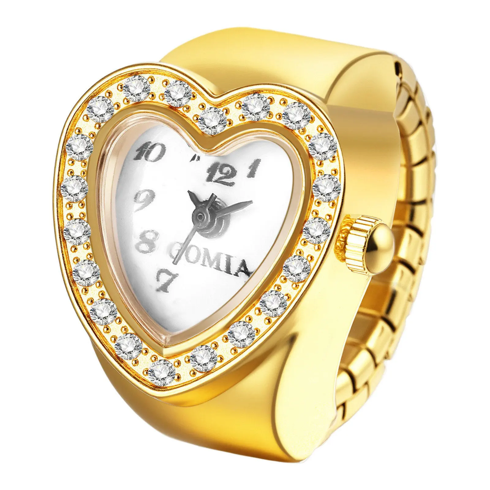OIDEA Women's Elegant White Quartz Watch Set - Heart-Shaped Adjustable Stainless Steel Stretch Band, Sparkling Diamond-Accent Case, Rhinestone Decor, Arabic Dials, Analog Novelty Ring Watch for Women summerwins,summerwins