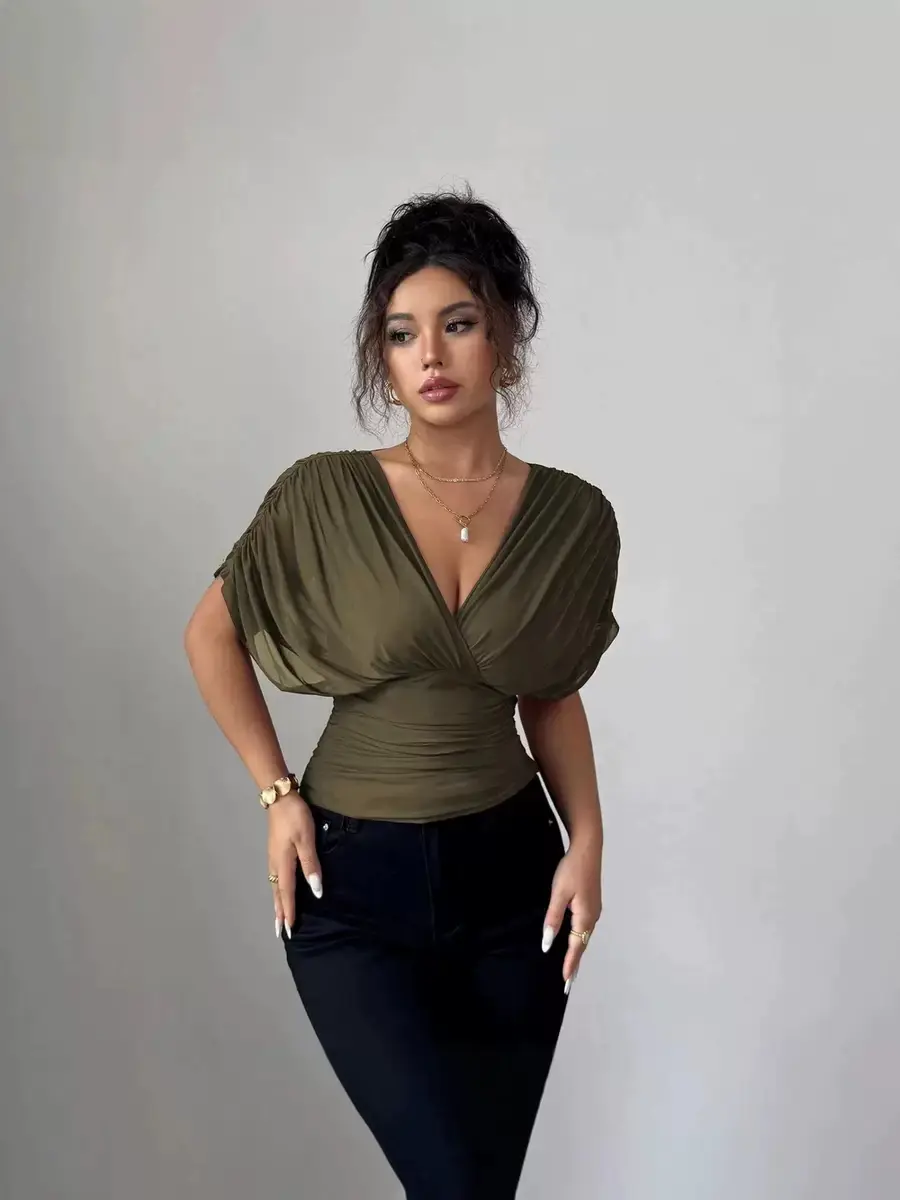 Solid Color Deep V Flutter Sleeve Fitted Waist Women's Top, Stylish Hot Girl Style