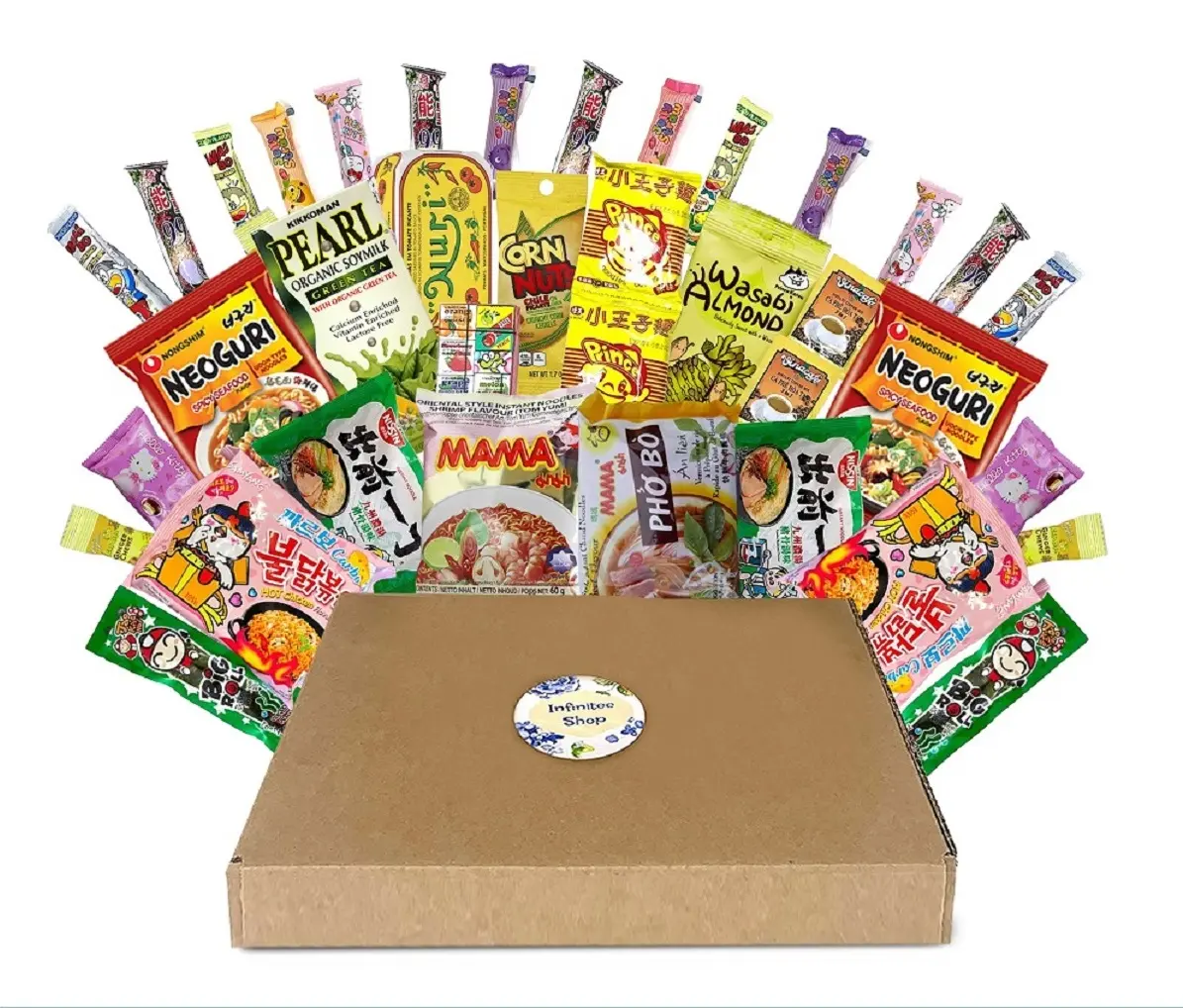 Asian Instant Ramen Variety Pack and Asian Snack Mix 18 Pack with Cute Sticker