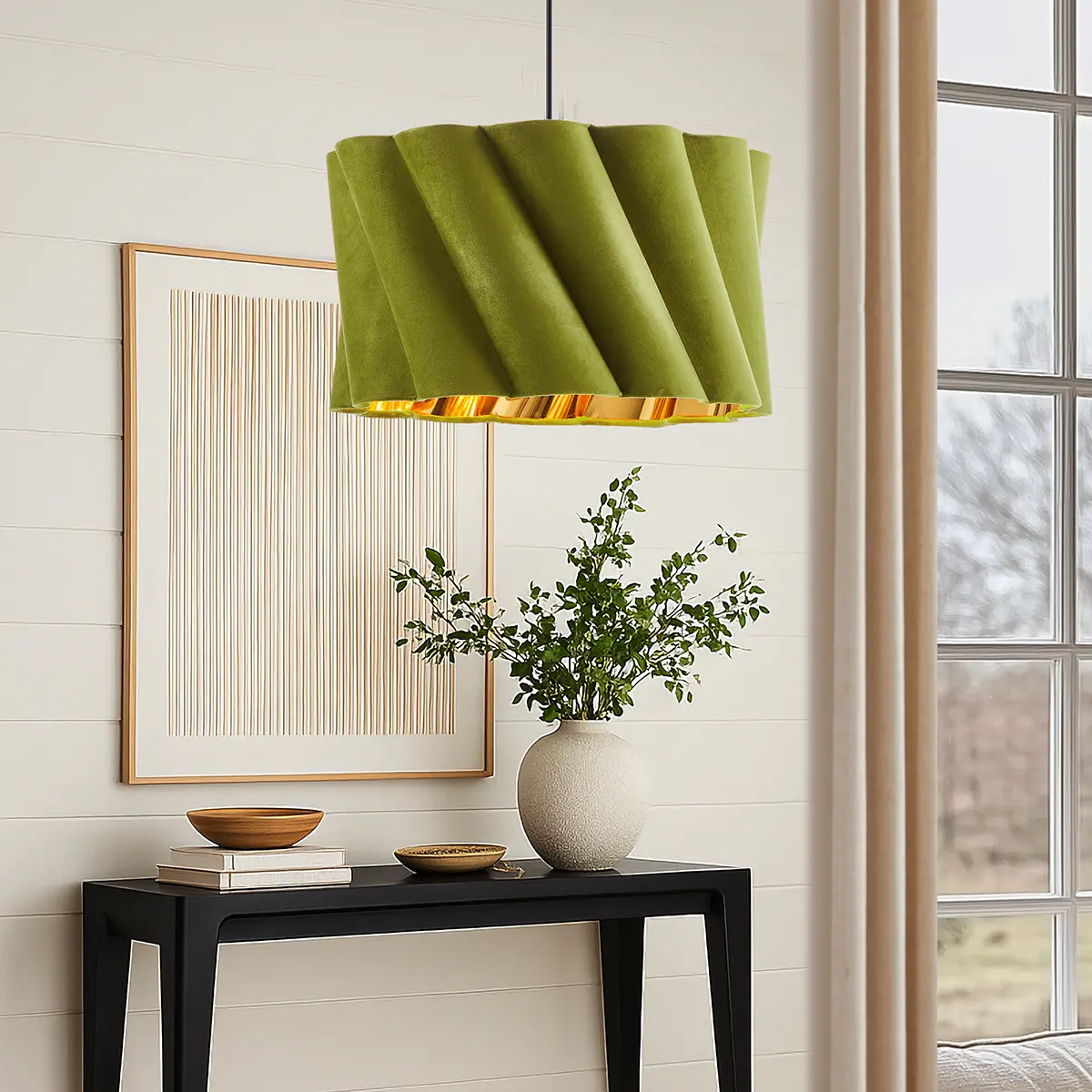 18" 2-Light Twisted Fabric Drum Pendant Light, Green Kitchen Island Chandelier