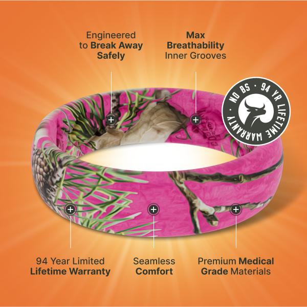 Groove Life x Mossy Oak Country Roots Ring - Hot Pink Camo Thin Ring, Breathable, Comfortable, Camouflage Rubber Wedding Rings for Women, Women's Jewelry, Accessory, Groove Guarantee Groove Life x Mossy Oak Country Roots Ring - Hot Pink Camo Thin Ring, Breathable, Comfortable, Camouflage Rubber Wedding Rings for Women, Women's Jewelry, Accessory, Groove Guarantee