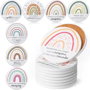 Set of 24 Thank You Appreciation Coasters Set, Ceramic Absorbent Drinks Coasters with Cork, Water Absorbent Cute Cup Mat Gifts for Teacher Employee( Style,Set of 24)