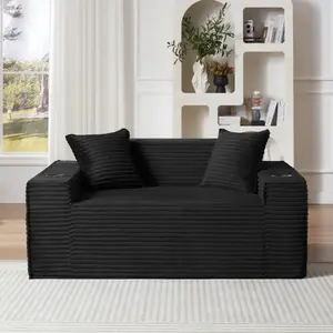 Loveseat Sofa 2 Seater Couch with Cup Holders & Side Pockets, Modern Corduroy Fabric Deep Seat Boneless Cloud Couch for Living Room Office, No Assembly