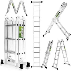 AIRAJ 150 inch (3.8 m) aluminum alloy folding ladder, multi-functional ladder thickened aluminum alloy four-fold stamping telescopic ladder engineering special folding herringbone ladder joint ladder Compact Telescoping A-Frame Ladder