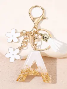 Women's Fashion Resin Gold Foil Keychain, 26 English Capital Letters, Flower Tassel Car Key Holder, Wallet Handbag Backpack Charm, Keychain For Bags, Keychain Attachment