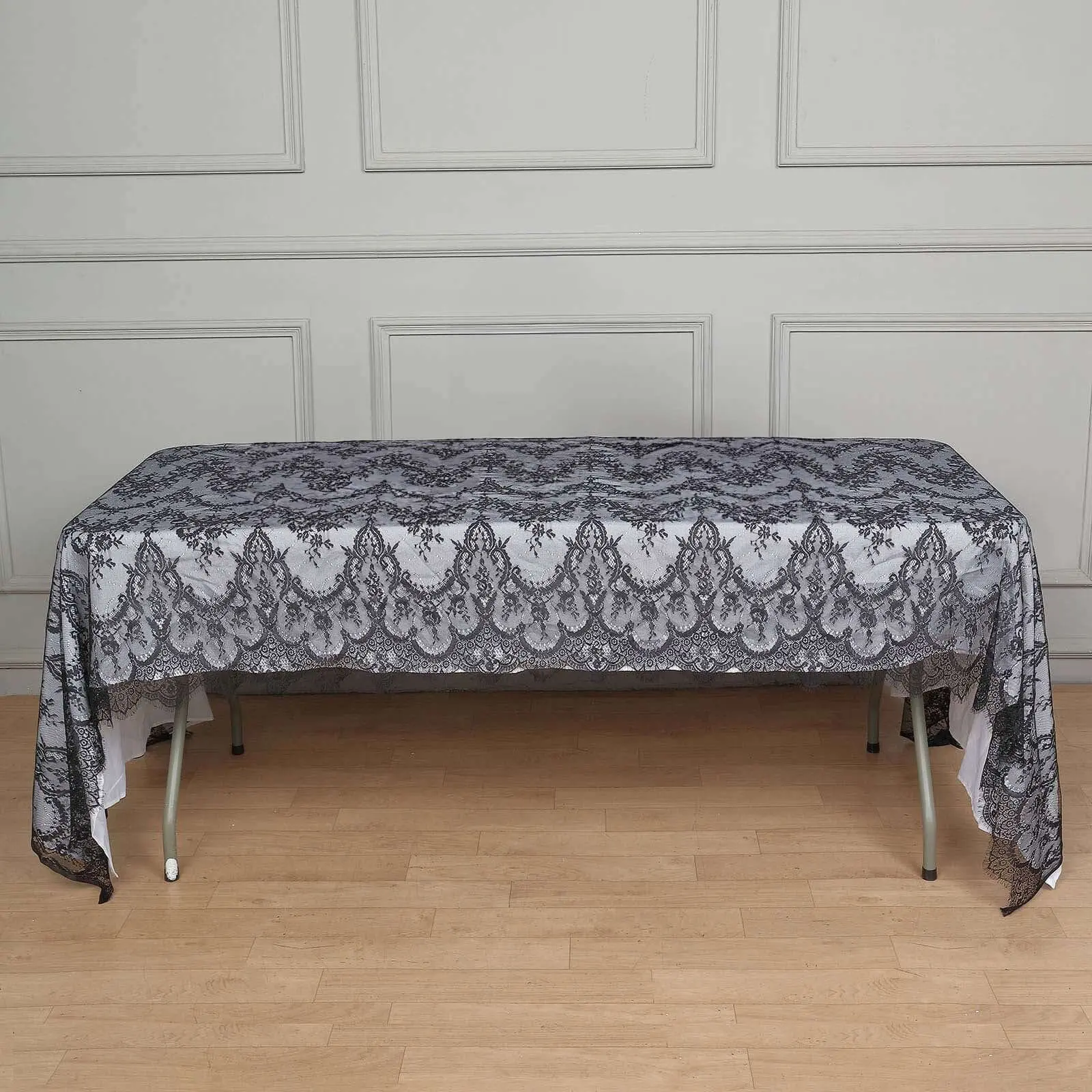 Vintage Lace Rectangle Dinner Tablecloth - 60"x120" Black, Scalloped Frill Edges, Rustic Kitchen Linen for Party, Wedding Decorations