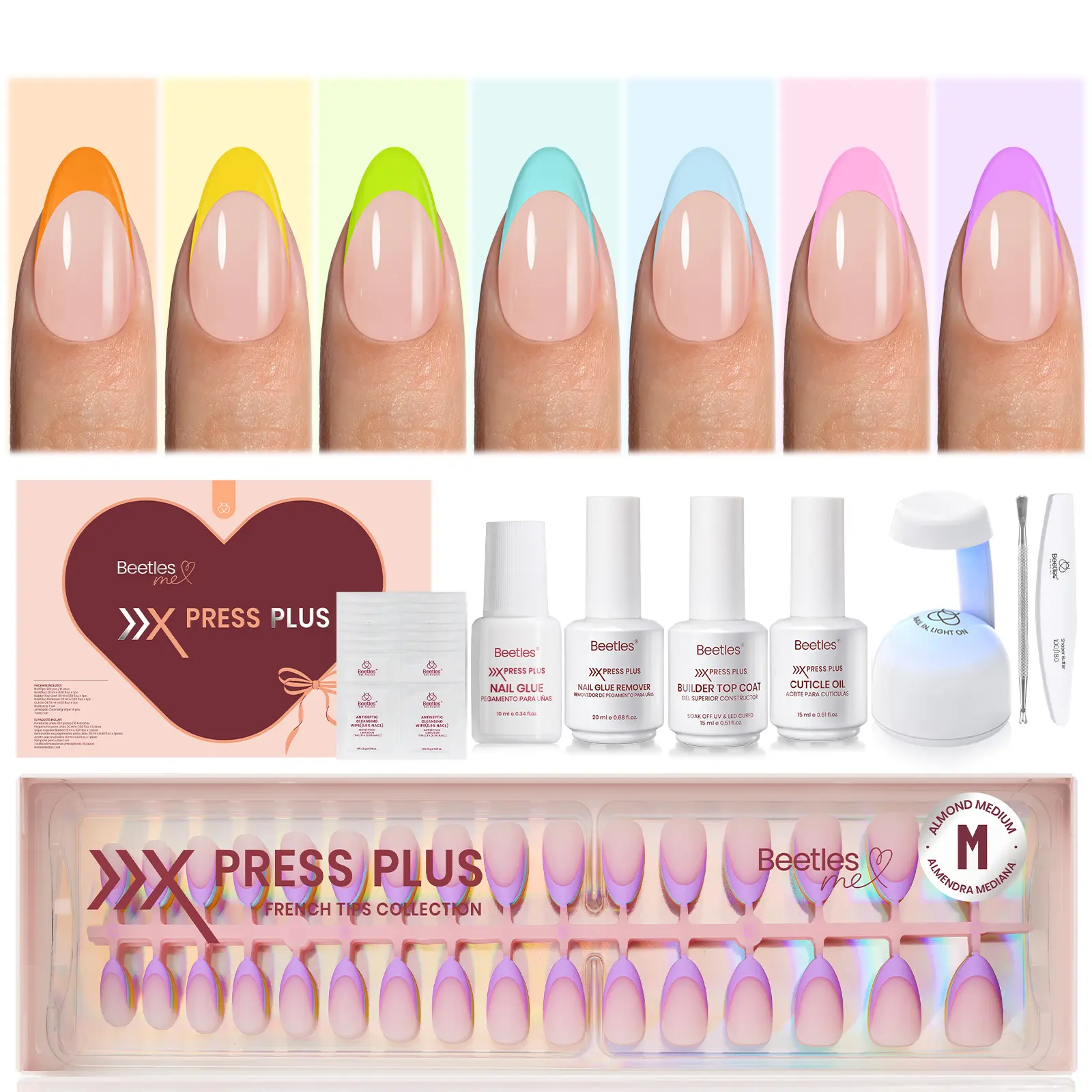 Beetles X Press Summer Press On Nails 224 Pcs 7 Colors, French Tip Nails Classic Fake Nail Tips, Rainbow Soft Nail Gel False Nails Art DIY For Women