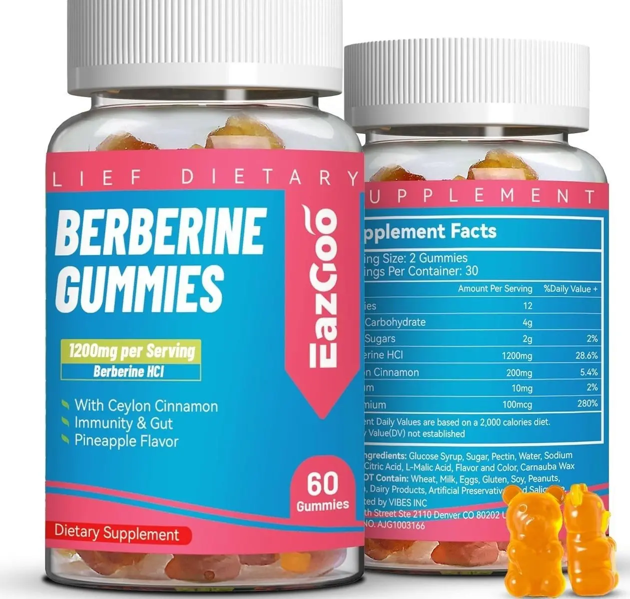 Berberine Gummies with Ceylon Cinnamon,1200mg Berberine HCI Supplement for Metabolism and Energy Support, Vegan, Gelatin-Free - 60 Count