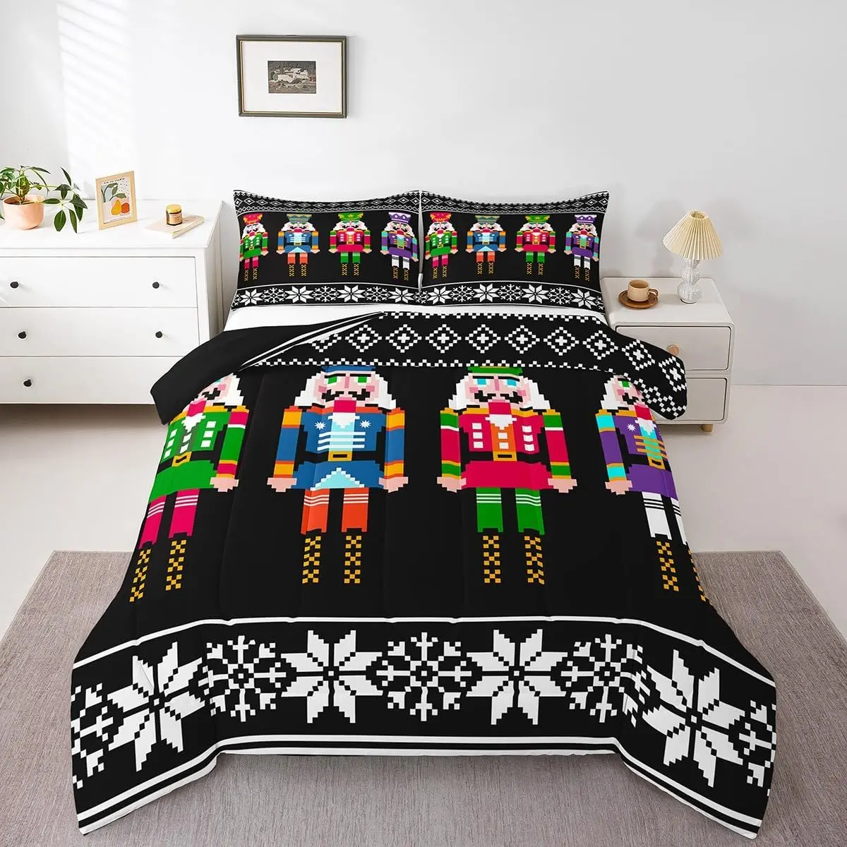 Feelyou Nutcracker Print Christmas Bedding Set - Scandinavian Style Duvet Set, Colorful Snowflakes, Festive Retro Design, Multi-Size, Whole Piece, Breathable, Travel-Friendly Package, Bedding Sets, Cozy Aesthetic